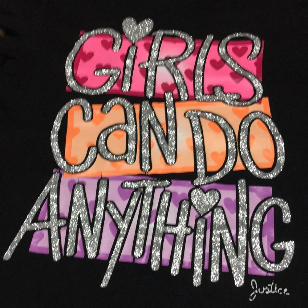 Justice Girls top size 14 Girls Can Do Anything black tshirt EUC-like new